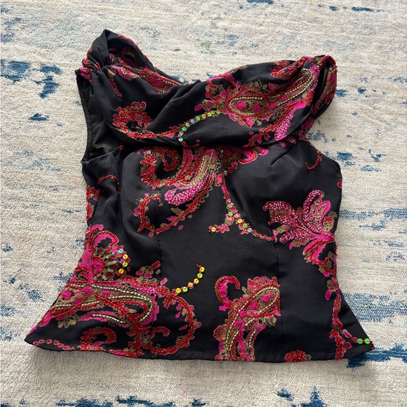 Andretta Donatello Tops - Vintage Andretta Donatello Elegant Black and Pink Paisley Women's Blouse Medium